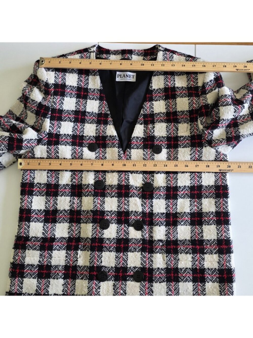 Vtg 80s Planet Plaid Blaizer US 8 Wool Blend Lined DB Colarless England Academia - Picture 5 of 16